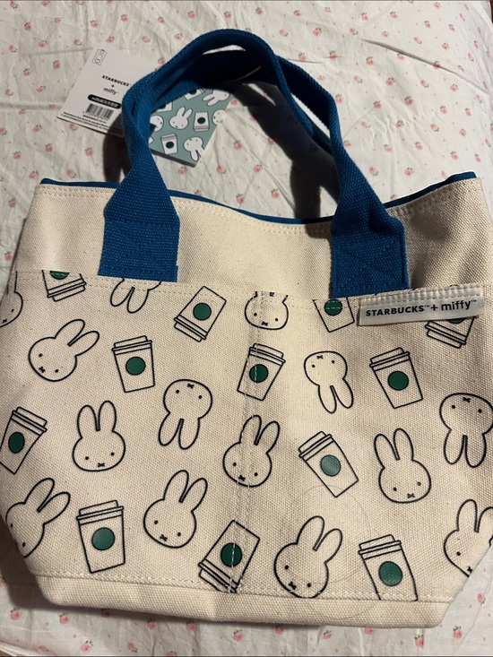 Starbucks Handbags - Starbucks x miffy Cream Tote with Blue Handles and Green Accents